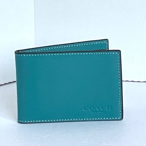 Coach 3 In 1 Wallet Mens Leather Vintage Logo Stamp Blue Teal CH084 Removable - Picture 7 of 8